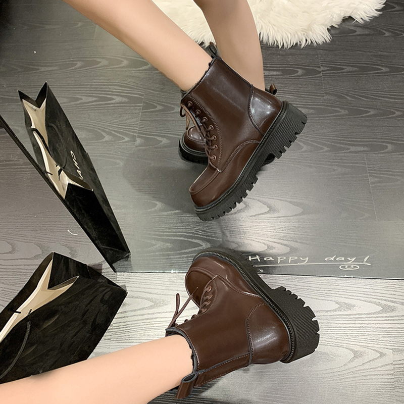 Lucyever Autumn Winter Platform Ankle Women Thick Sole Pu Leather Biker Boots Woman 2023 Short Plush Lace-Up Shoes Female