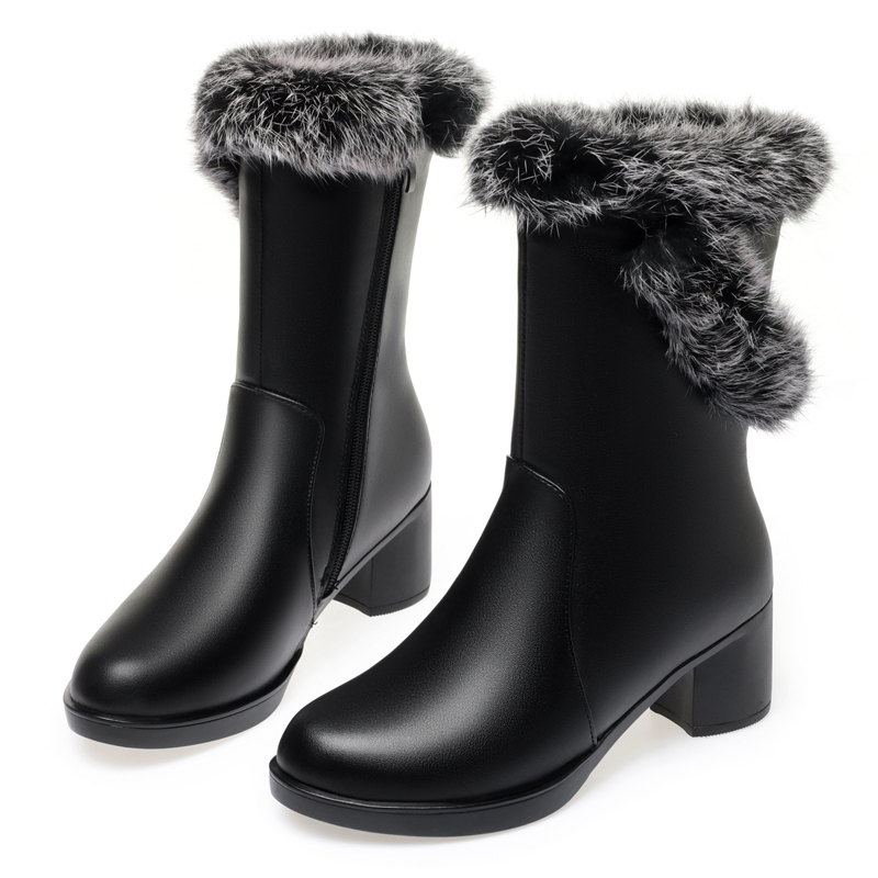 AIYUQI Women Boots Winter Dress 2024 New Genuine Leather High Heel Women Half Boots Wool Rabbit Fur Snow Boots Ladies