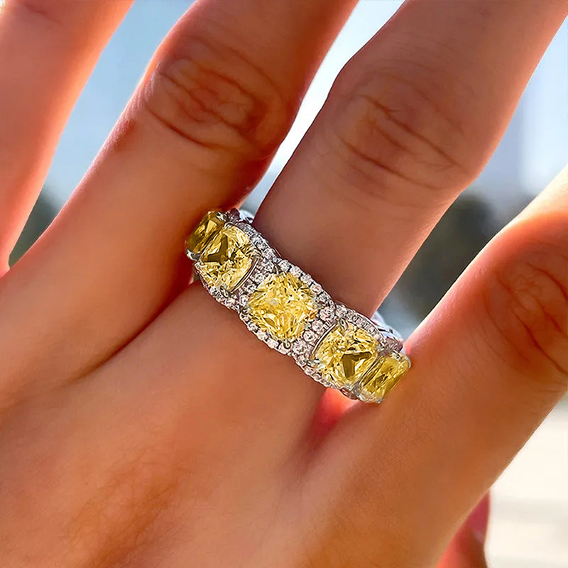 Size 6-10 Handmade Sparkling Wedding Rings Luxury Jewelry 925 Sterling Silver Fill Princess Cut Yellow Topaz CZ Diamond Gemstones Party Eternity Women Ring Gift