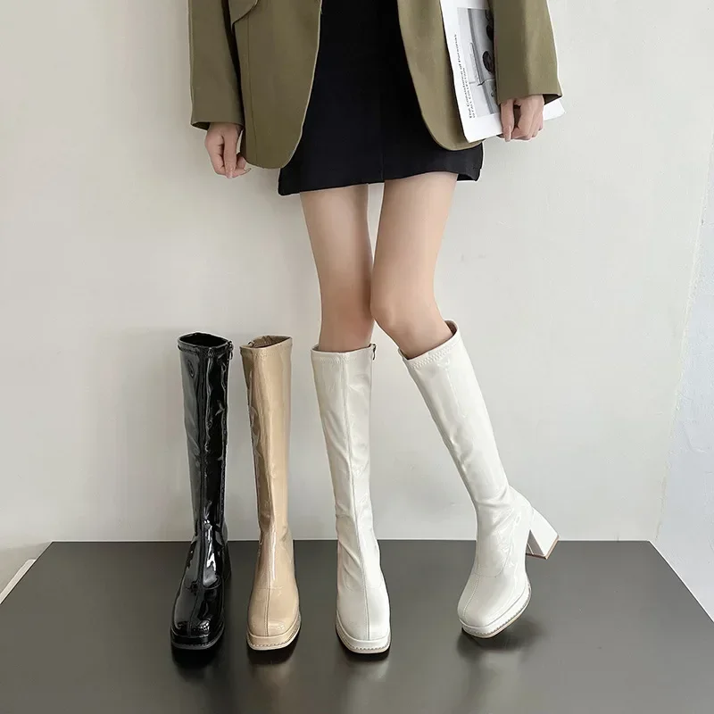 Chunky Women Heel Platform Long Square Toe Black Patent Leather Knee Boots Woman Autumn Thick High Heels Punk Botas a8e3 s
