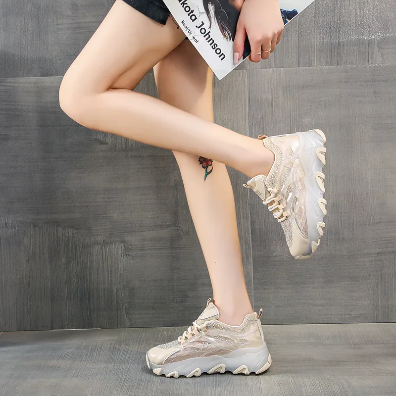 Rhinestone Shoes Woman Sneakers Summer Mesh Breathable Casual Platform Shoes Female Running Sports Vulcanize Wedges Shoes