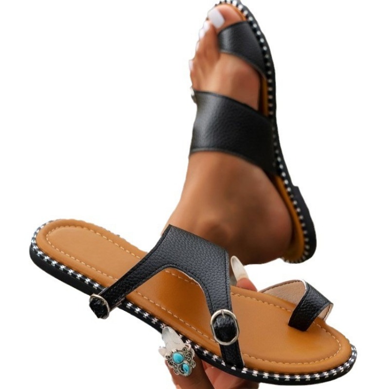 Solid 2024 Leather for Women Peep Toe Ladies Casual Slides Female Buckle Strap Beach Slippers Flat Shoes 4c35