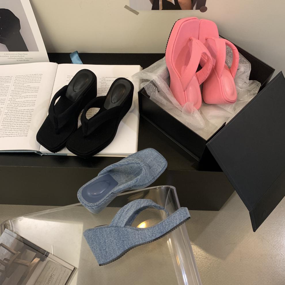 Jeans Denim Thick Soled Platform Flip ps For Women Square Toe Slippers Females New Slides Fashion Trend Summer Shoes