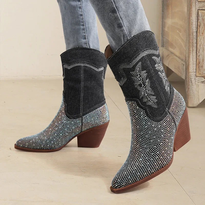 Western Cowboy Boots Woman European and American Pointed Rhinestone Women Boots Thick Sole Wedge Boots Shoes for Women2024