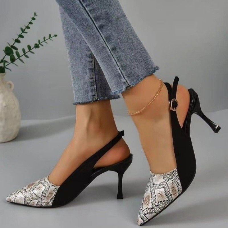 2025 new New High Heels Mules Sandals Women Fashion Snake Pattern Thin Heeled Shoes Woman Back Strap Pointed Toe Sandalias 80c2