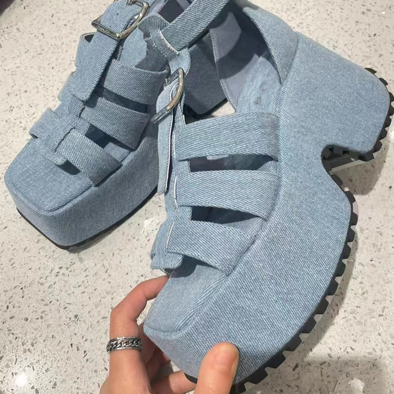 Buckles Wedge Denim Sandals Platform High Heel Rome Summer Sandalias T-strap New Ankle Wrap Cross Weave Heeled Shoes Designer Heels ed s