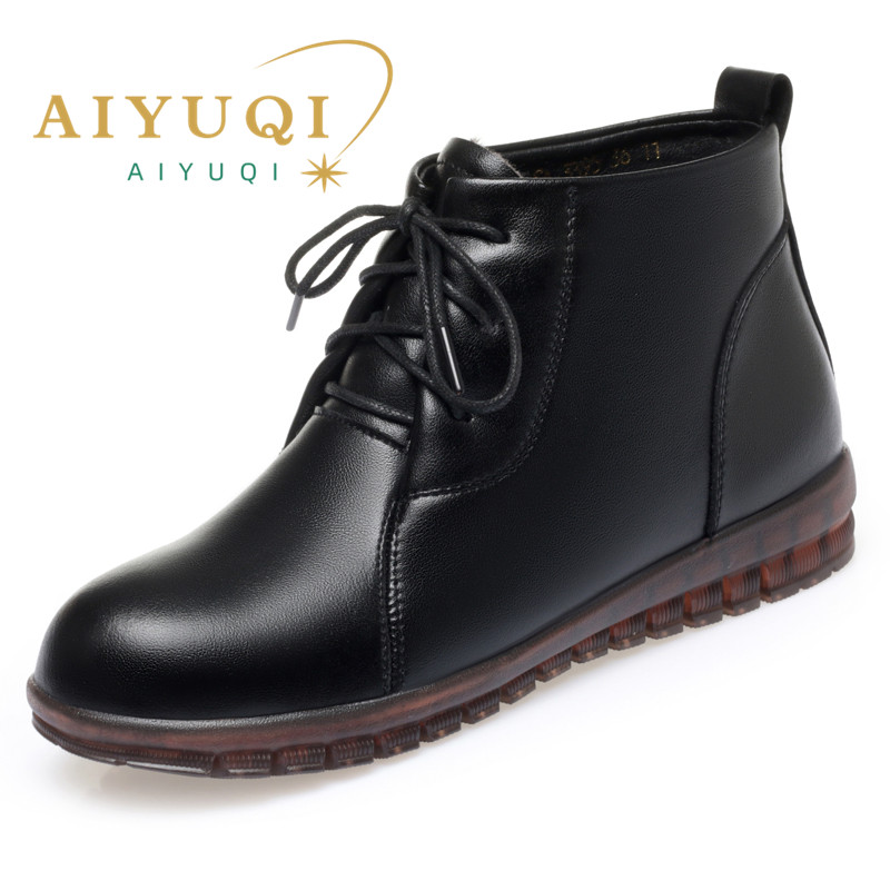 AIYUQI Women Short Boots Winter 2024 New Cowhide Women Ankle Boots Warm Flat Large Size Fur Women booties