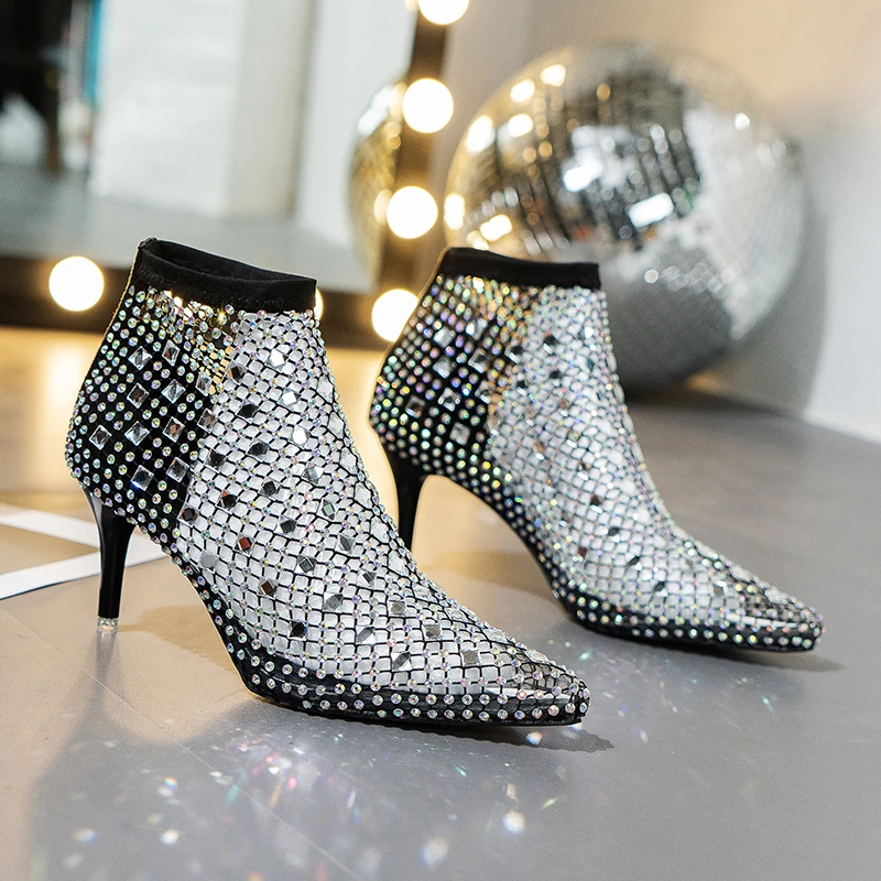 Transparent Fashion Crystal PVC Mesh Upper Ankle Boots for Women Pointed Toe High Heels Shoes Woman atos De Mujer 1733