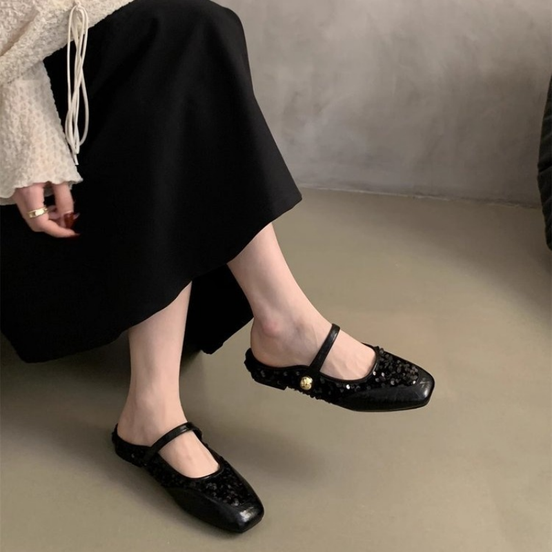 Mules Women Crystal Slippers Summer Fashion Sgback Dress Walking Flip ps Outdoor Designer Flats Mary Jane Square Toe Shoes d9b4