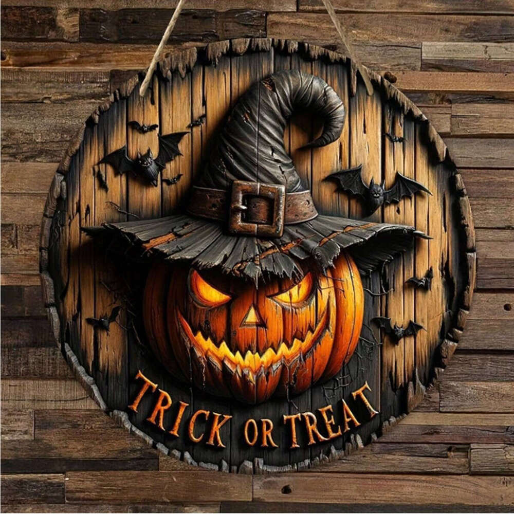 Halloween Wreath Retro Pumpkin Head Horror Art Decoration, Home Garden Courtyard Wooden Hanging Pendant