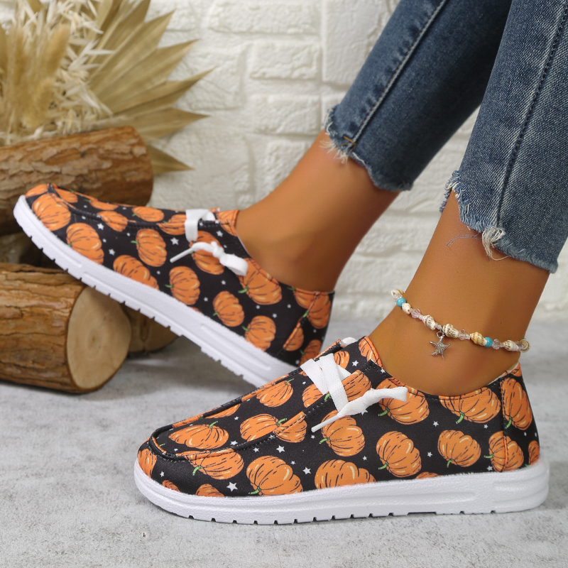Halloween Print Pumpkin Flats Women 2024 Spring Autumn Canvas Woman Design Lace Up Cotton Shoes Plus Size 43 0e22 fcf5