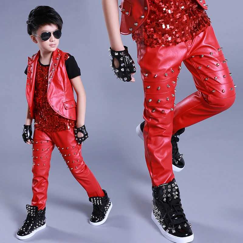 Men's Pants Boy Black Leather Rivet Pants Street Dance Costume Walkway Drum Hip Hop Dance Costume Childrens Singer Trouser Stage Costume DNV15221