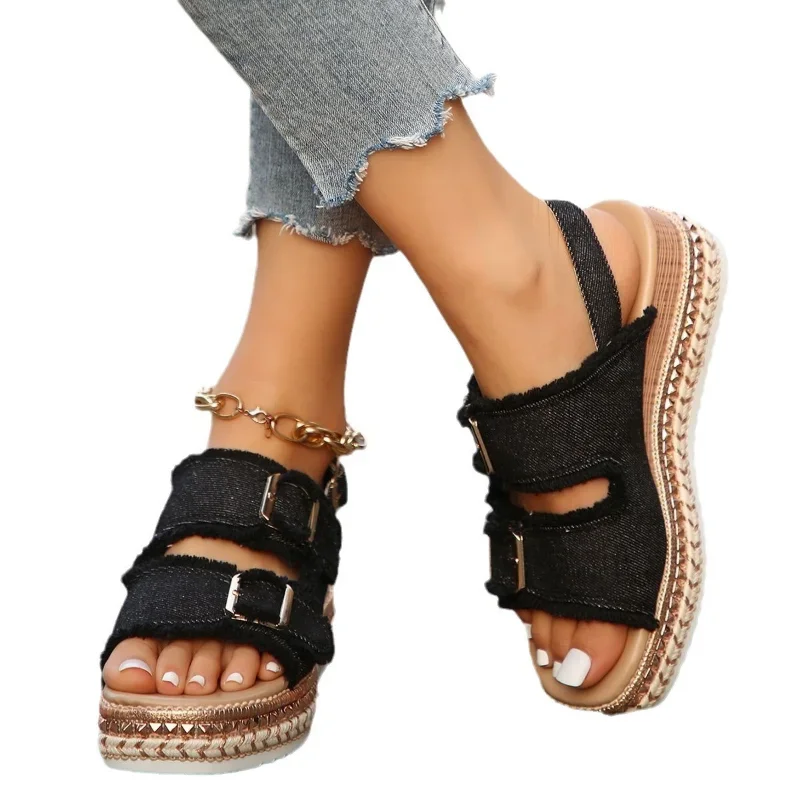 2025 new Women Chunky Platform Wedges Female Summer Blue Denim Beach Sandals Woman Ankle Straps High Heels Sandalias Plus Size 42 0530