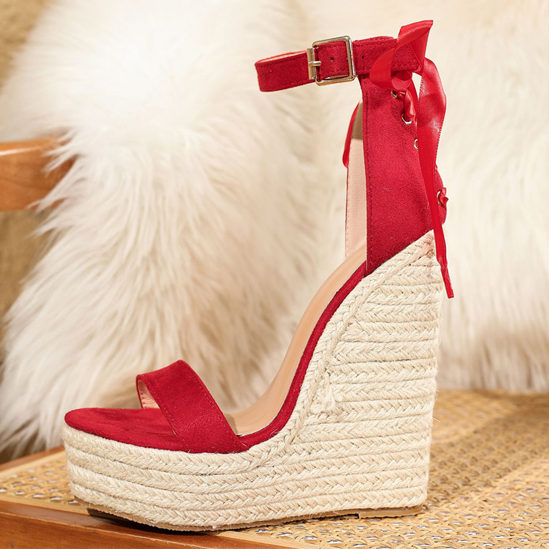 Summer Liyke Fashion Red Silk Lace New Up Cover Strap Women Platform Wedge Sandals Cozy Open Toe Super High Heels Party Dress Shoes