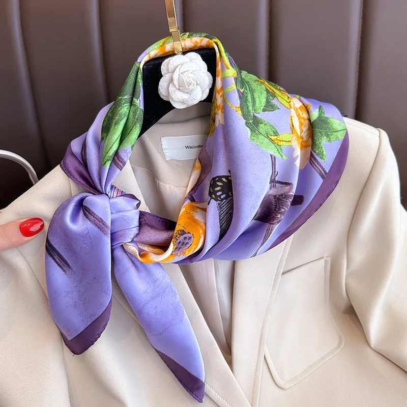 Purple Floral Print Silk Scarfs Men 70cm Square Scarves Fem Hijab Soft Satin Neckerchief Casual Decorate Lady Neck Ties X250319