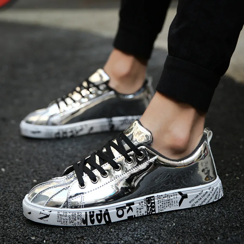 Fashiona Men Patent Leather Sneakers Tops Gold Sier Hip Hop Boots Glossy Lighted Brand Designer Shoes Flats Size 46