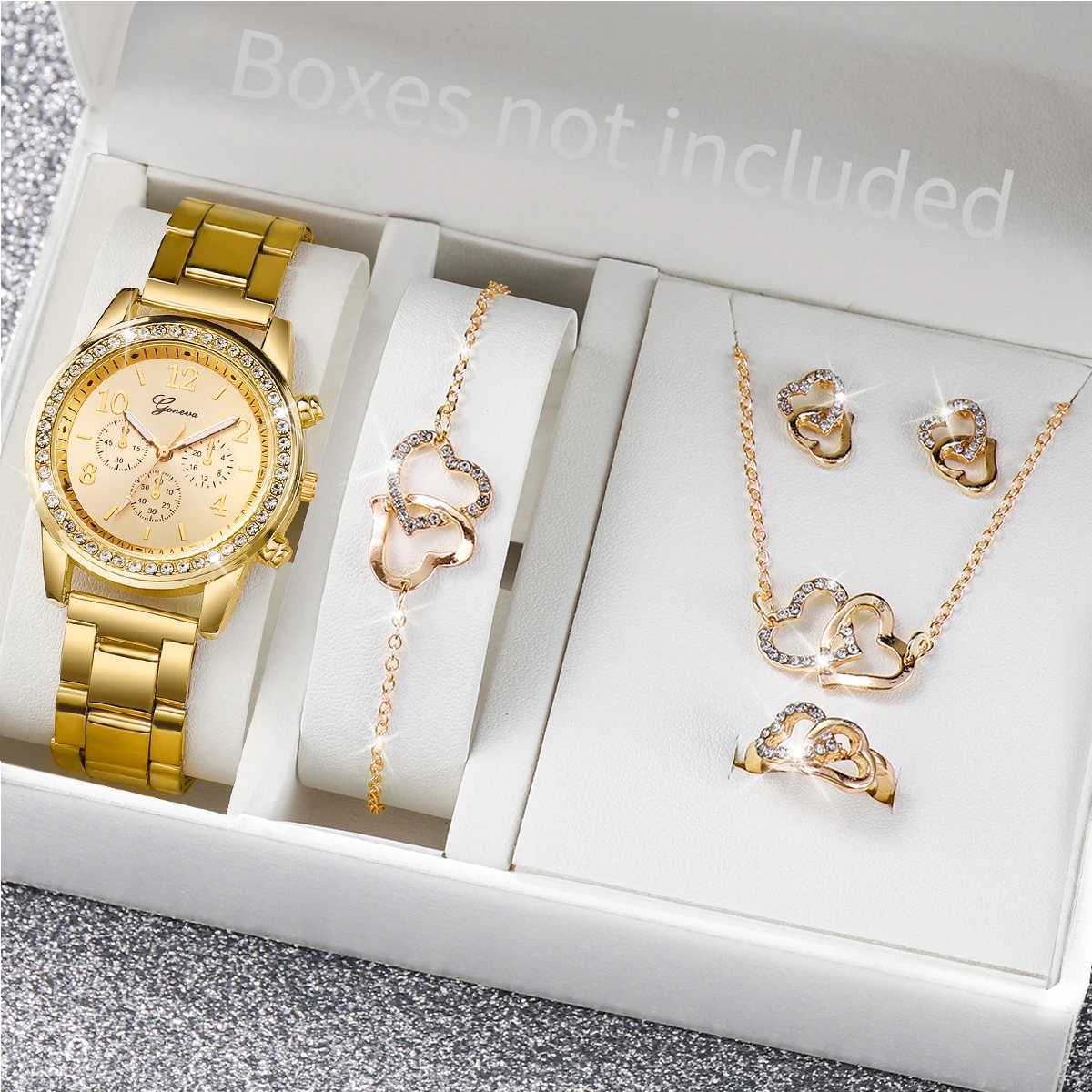 6-piece/set womens fashionable Rhinestone stainless steel with quartz double heart jewelry set (no box) W250104