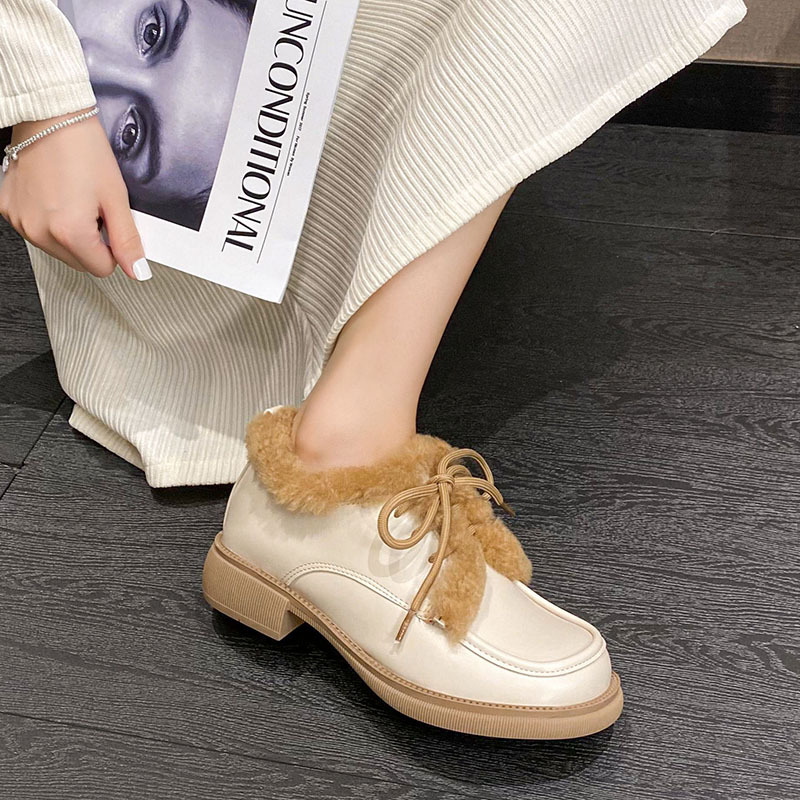 0b4e8 Up Lace fur Lamb leather woman black/white mixed New color cotton loafers women winter furry padded oxford shoes big size 43 ry