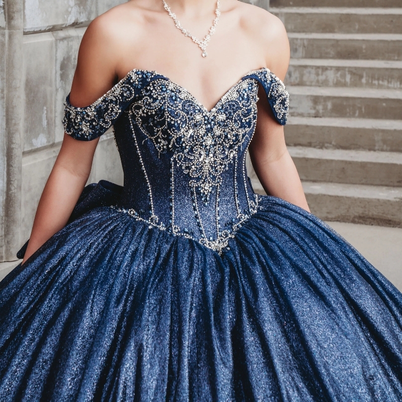 Navy Blue Shiny Quinceanera Dresses Off The Shoulder Princess Beads Crystal Bow Tull Sweet Birthday Party Gown Vestido De 15 Anos Sweet 16