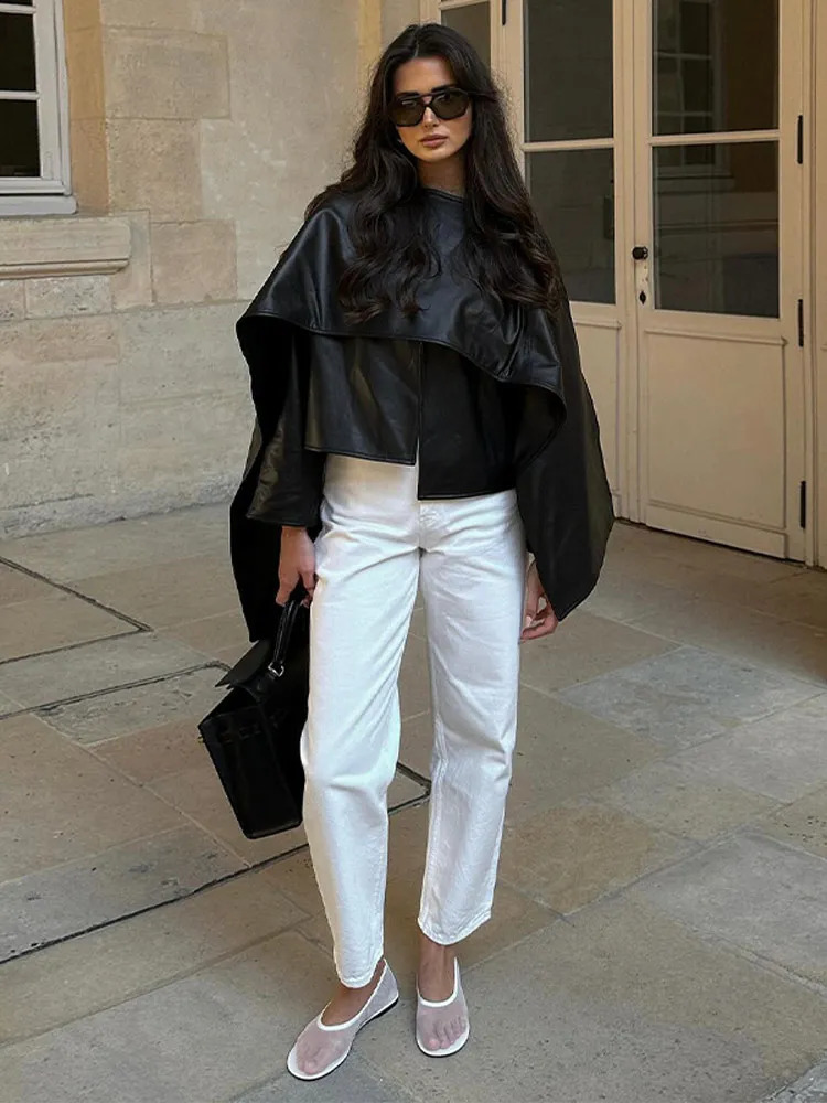 Fashion Pu Leather Cloak Shawl Collar Jacket Elegant Solid Long Sleeves Demiseason For Women 2024 High Streetwear 240903