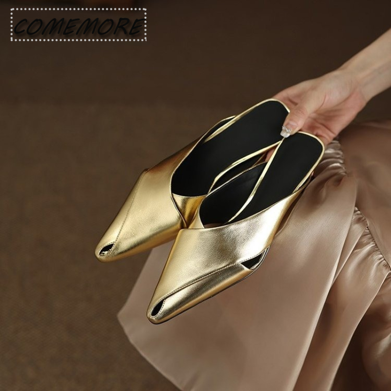Baotou Half Slippers Female Summer Outside Wearing Pointed High Heels Lazy Silver/golden Stiletto Sandals Female Elegant Fashion