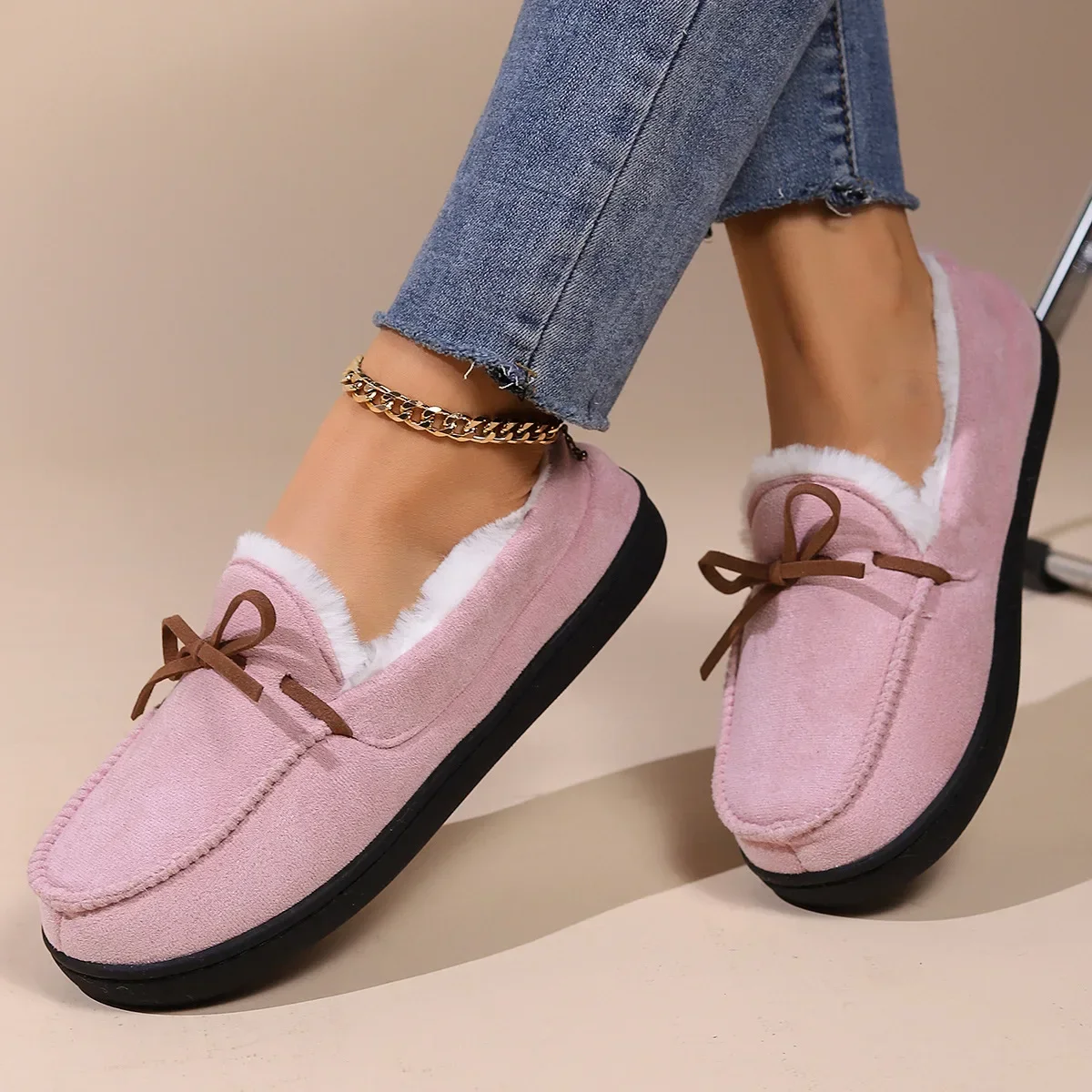 Winter 2024 Fur Flats Plus Pregnant Women Soft Cotton Shoes Non-slip Warm Plush Loafers Size 45 d204 h
