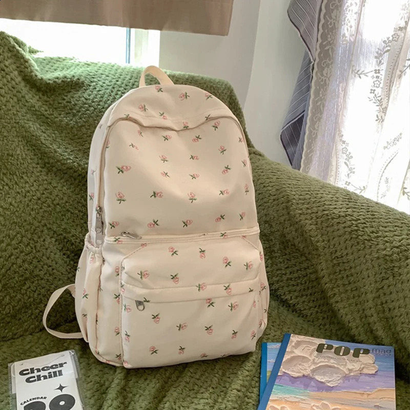 Korean Student School Backpack Floral White Bags For Teenage Girls Cute Womens Book Pack Nylon Rucksack 240903