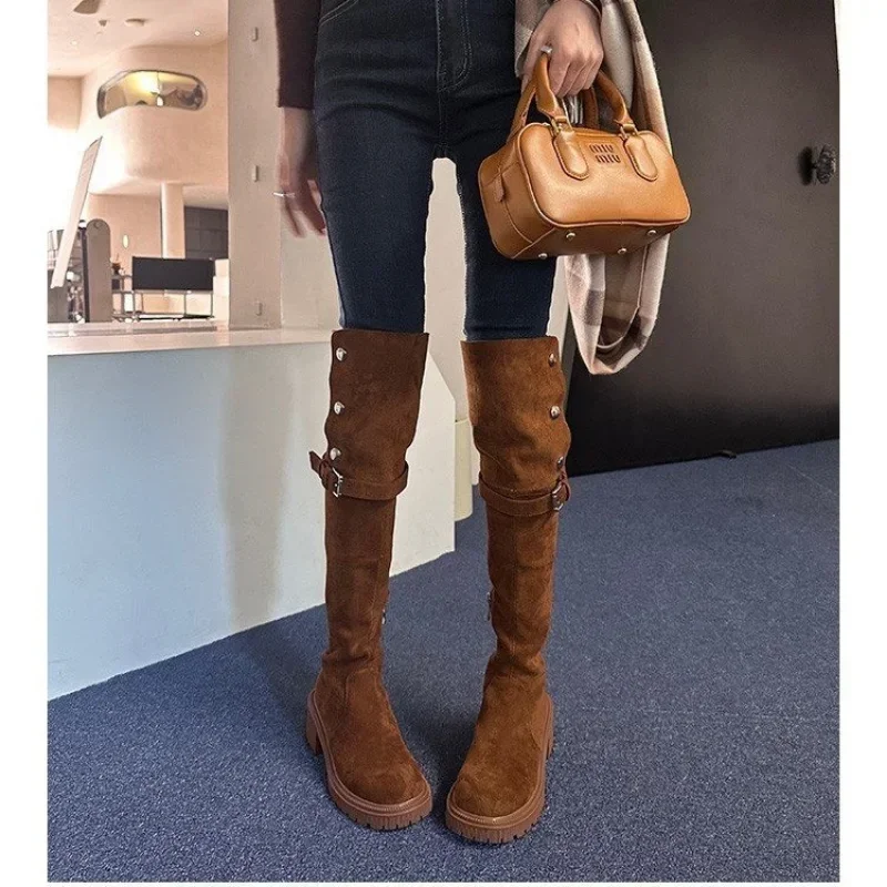 Over The Knee Cowboy Women Designer Winter Platform Fashion Fur Suede Wedges Thigh High Boots Motorcycle Shoes 2024 8230
