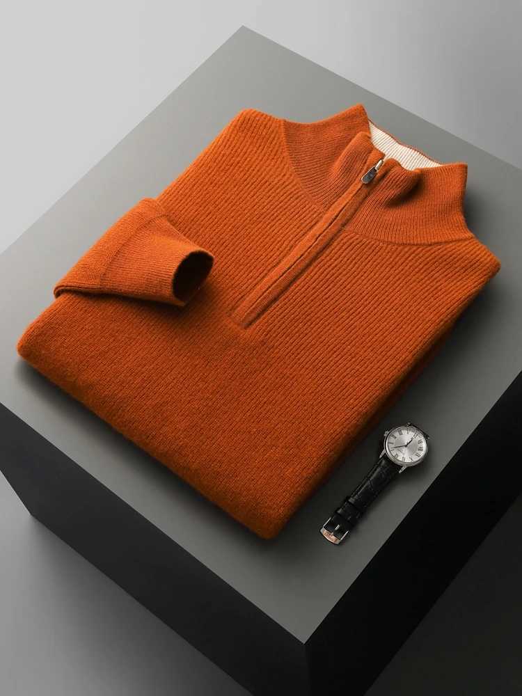 Autumn Winter Men Cashmere Sweater Pullover Mock Neck Zippers Thick Striped 100% Merino Wool Knitwear Casual Color block Clothes M240903