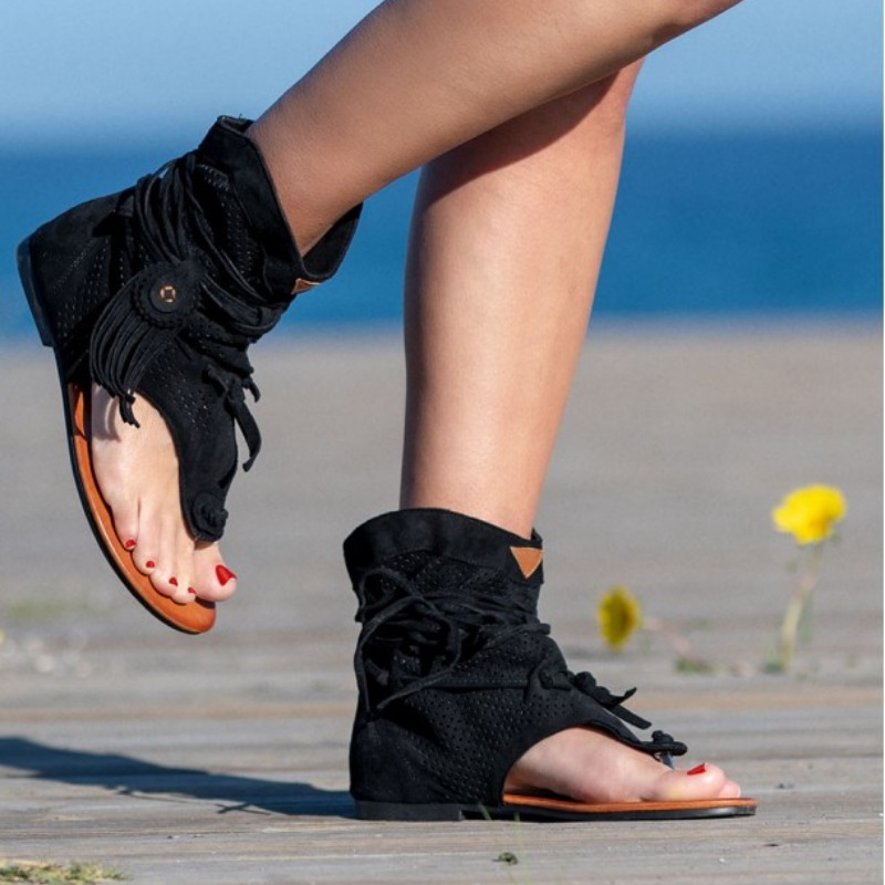 Tassel Retro Sandals For Woman New Summer Boho Flat Ladies Lace Up Beach Sandalias Mujer 2024 Women's Shoes 511a