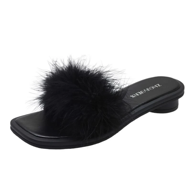 Fluffy Summer Ostrich Feather Slides Women Sandals Flip ps Indoor Slippers Flat Shoes 508d