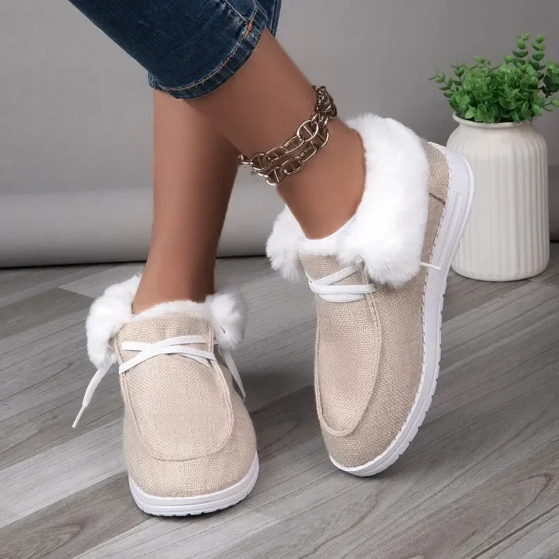 Lace Women's Up Flats Slip-on Ladies Elegant New Winter with Fur Plush Flat Loafers Casual Warm Cotton Shoes 5563