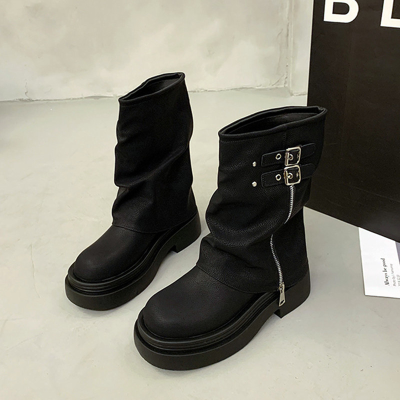Thick Bottom New Platform 2024 New Pantyhose Cowboy Zip Belt Buckle Design for Women PU Leather Ankle Boots
