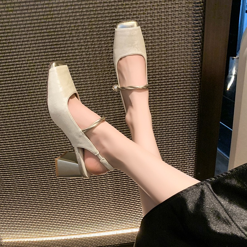 Chinese New country wind single shoes spring new vintage French women's heel square head shallow mouth women sandals 961b
