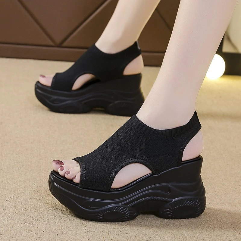Women's Sandals 2025 Summer Wedge Heel Elastic Cloth Cover Foot Ladies Sandals Thick-soled Fashion Trifle Elevation Casual Shoes