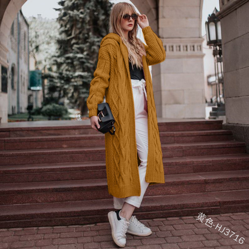 New autumn and winter hot solid hooded long loose cardigan sweater Fried Dough Twists knitwear women