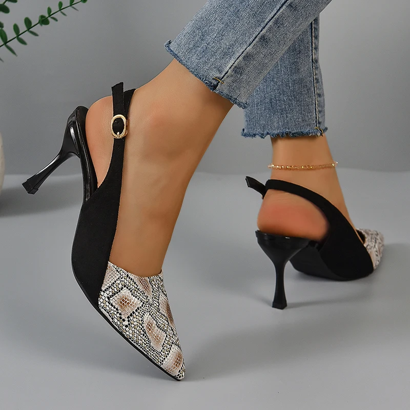 2025 new High New Heels Mules Sandals Women Fashion Snake Pattern Thin Heeled Shoes Woman Back Strap Pointed Toe Sandalias 8b66