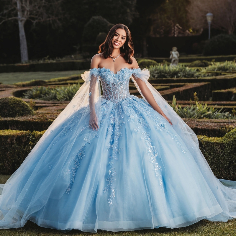 2024 Shiny Quinceanera Dresses With Cape Ball Gown Applique Lace Beading Tulle Lace-Up Backless Party Princess Sweet 16 Dress
