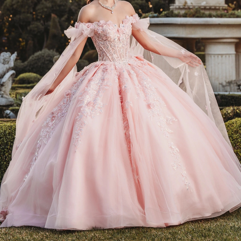 2024 Pink Shiny Quinceanera Dresses With Cape Ball Gown Applique Lace Beading Tulle Lace-Up Backless Party Princess Sweet 16 Dress