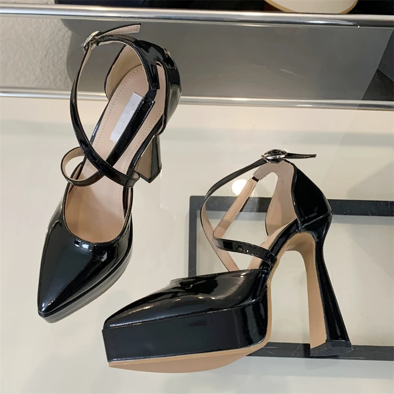 Eilyken Women Pumps Platform Buckle Strap Sandals Fashion Patent Leather Pointed Toe High Heels Nightclub Shoes 35a6
