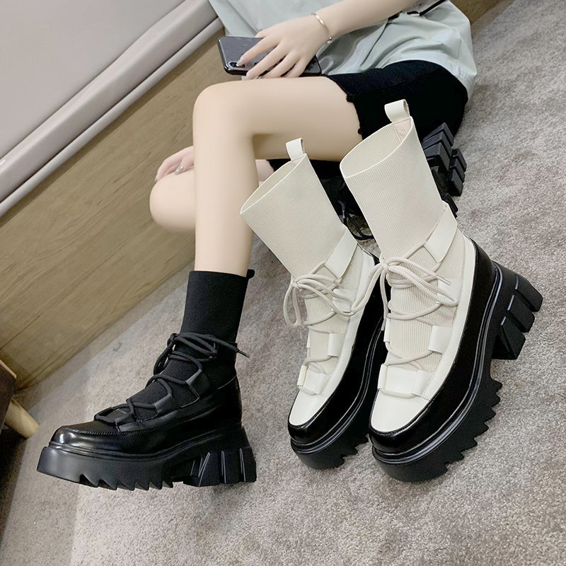 Rimocy Elastic Knitting Chunky Ankle Boots for Women Black Wedges Platform Sock Boots Woman Fashion Lace Up High Heels Shoes