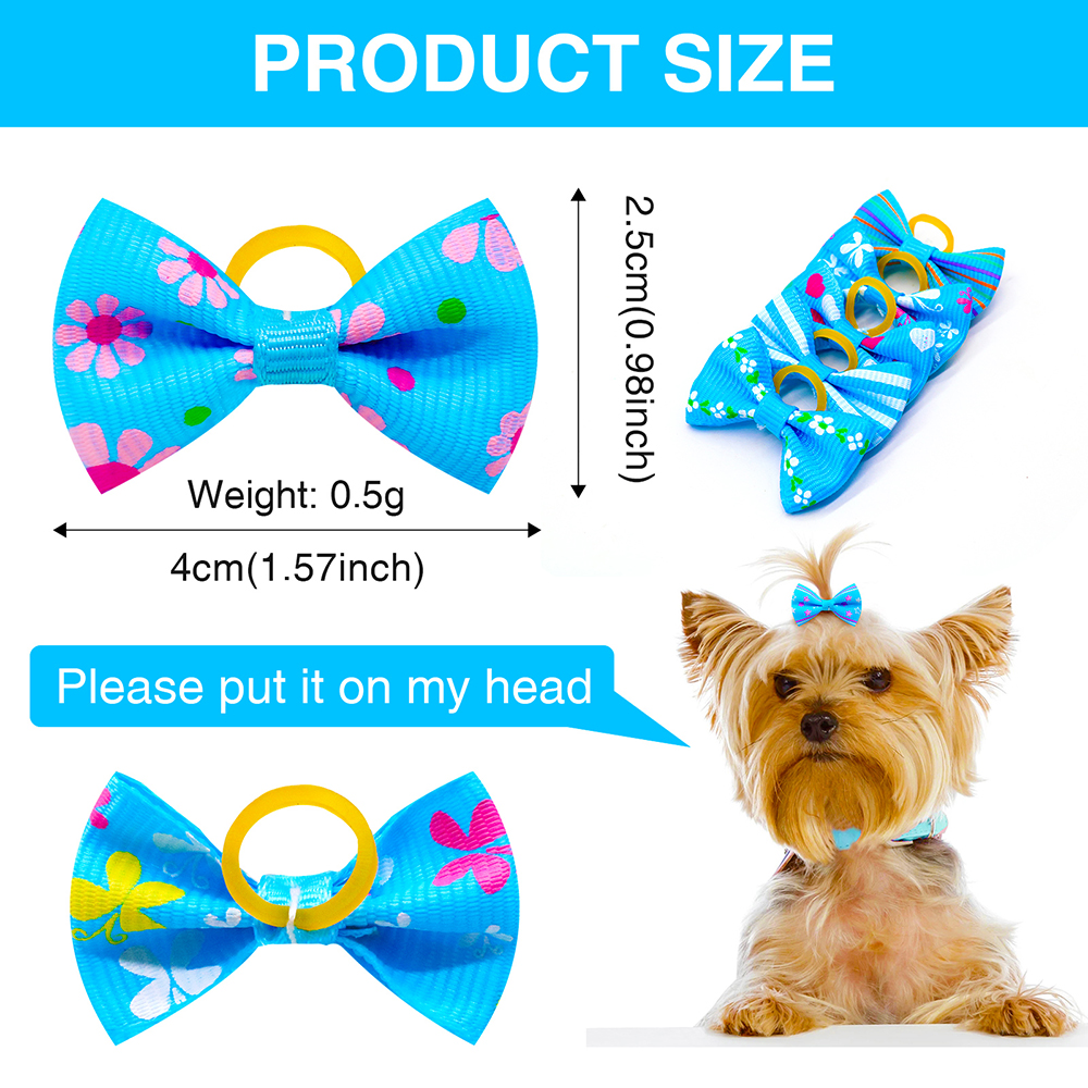 10/20/30PCS Blue Dog Hair Bows Cat Dog Hair Bows Grooming Cute Puppy Kitten Hair Bows With Rubber Bands for Small Dog Headwear