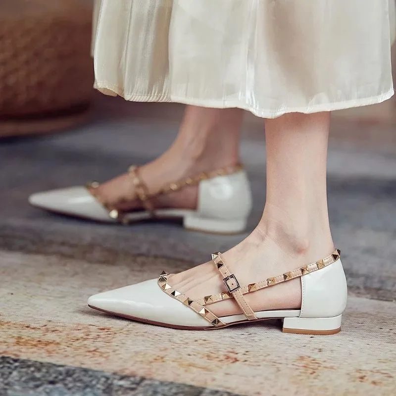 Ankle Strap Cut Out D'orsy Studded Rockstud Patent Leather Rivet Flats T-Strap Buckle Walking Soft Women Shoes Travel Size 35-40
