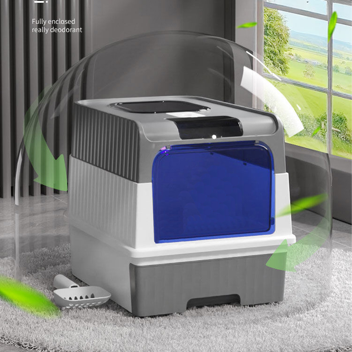 Cat Litter Pan Fully Enclosed with UV Light Top-Out Splash-Proof Pet Litter Box and Scoop Set Sterilizing and Odor-Resistant