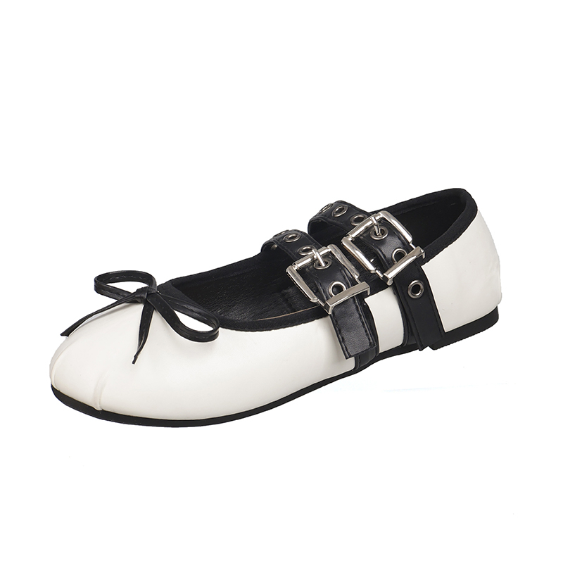 ballerina French ballet flats women's soft leather bow lace-up shallow Metallic trim car ing cross straps belt buckle 22ab