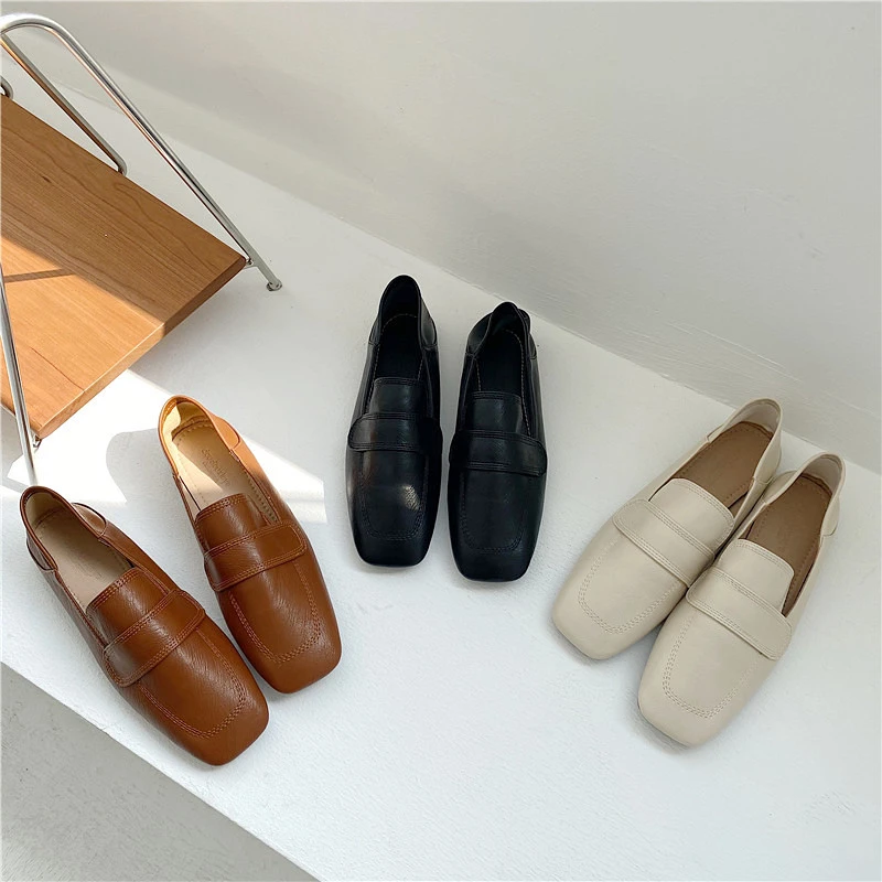 Leather Loafers Women, Flat Square Toe Slip-on Shoes, Casual Ladies Mules for Party and Driving