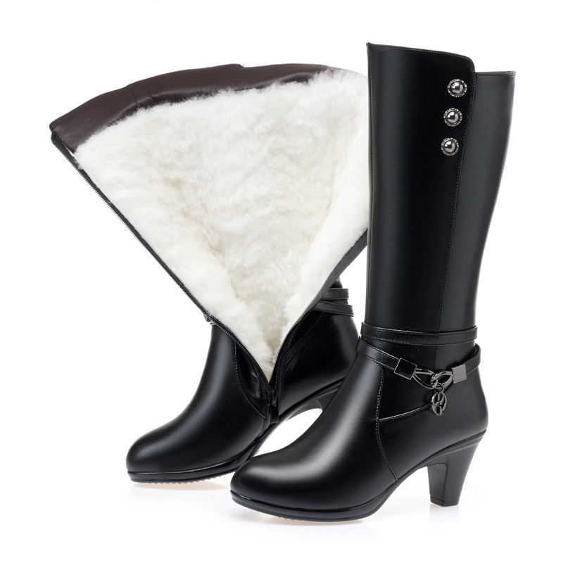 2024 New Winter Footwear Genuine Leather Women's Boots Fashion Chain Wool Warm Boots Women High Heel Riding Boots Shoes Women