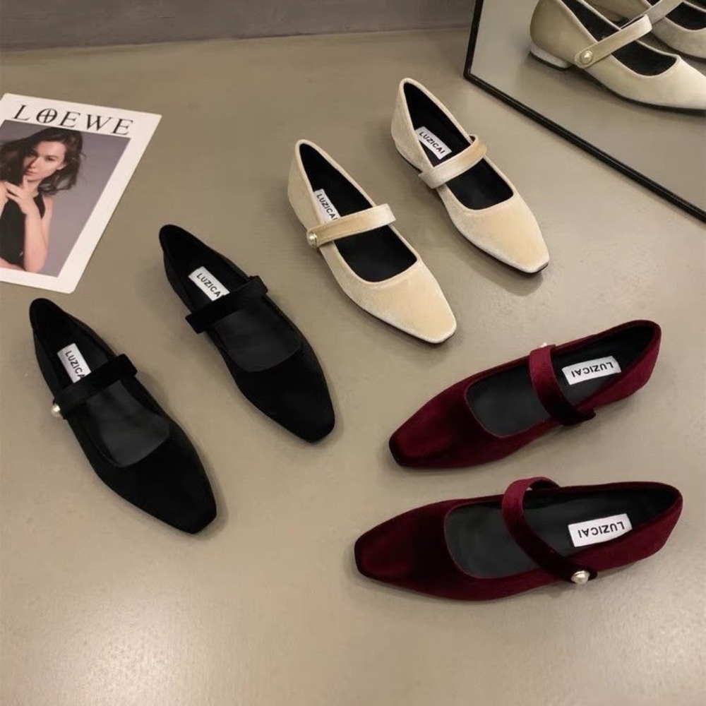 Elegant Pearl Buckle Velour Mary Jane Shoes Woman Concise Veet Ballet Flats Ladies Evening Party Low Heel Pumps In Wine-Red dh912615539