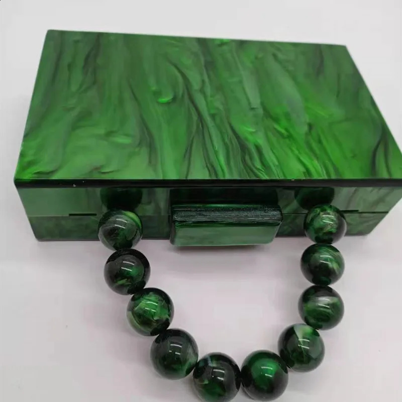 18X11 cm With Bead Chain Pearl Green Marbel Womens Acrylic Evening Party Clutch Handbag er Perspex Purse for Wedding Party 240903