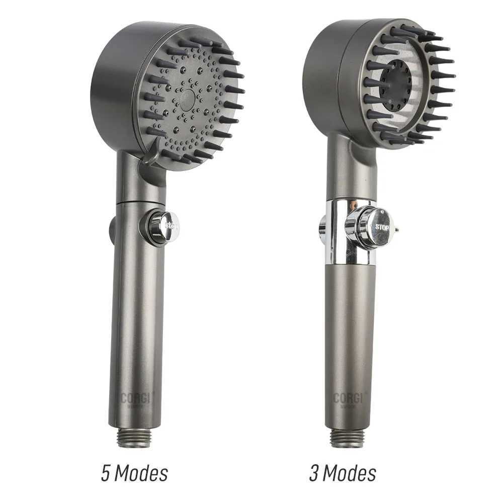 High-Pressure Water-Saving Shower Head with 3/5 Adjustable Modes and Massage Function in Black (CL240903)